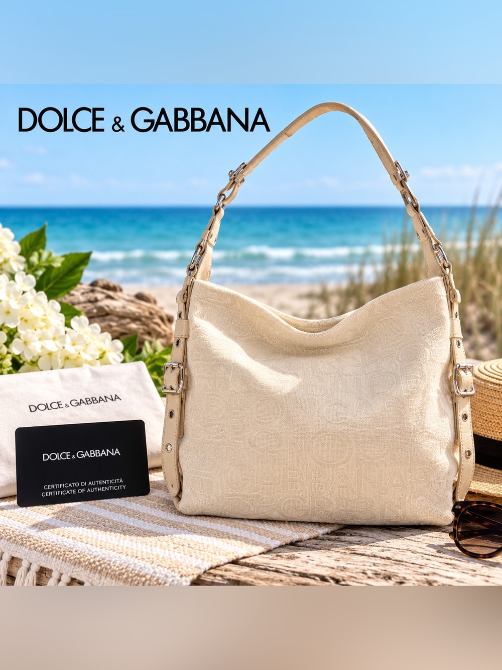 Authentic Dolce & Gabbana Cream Logo Canvas & Leather Hobo Shoulder Bag + COA
